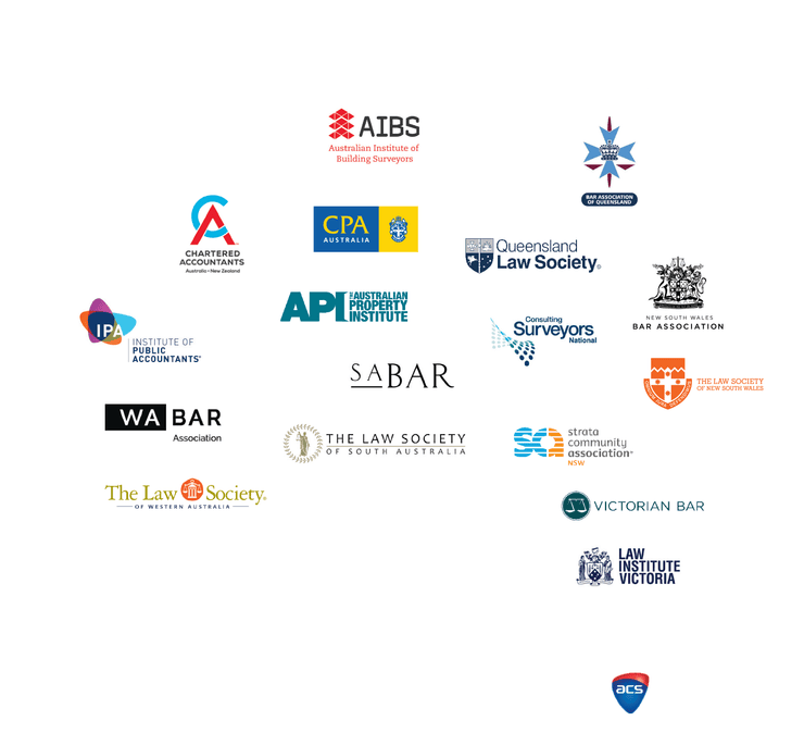 A basic outline of Australia with logos of Associations with schemes. Logos are:  Australian Computer Society Australian Institute of Building Surveyors Australian Property Institute Valuers Bar Association of Queensland Chartered Accountants Australia and New Zealand Consulting Surveyors National CPA Australia Limited Institute of Public Accountants New South Wales Bar Association Queensland Law Society Strata Community Association (NSW) South Australian Bar Association The Law Institute of Victoria The Law Society of New South Wales The Law Society of South Australia The Law Society of Western Australia Victorian Bar Association Western Australia Bar Association
