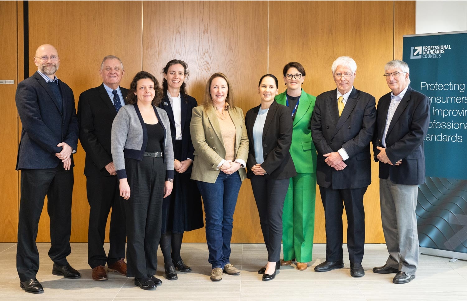 Photo of Dr Hugh Breakey (Griffith University), Councils’ Chair John Vines OAM, Prof Hazel Easthope (UNSW), Elizabeth Bazen (Curtin University), Prof Sacha Reid (Griffith University), Dr Katja Cooper (Griffith University), Dr Sancia West (Authority Senior Research Officer), Prof Charles Sampford (Project Lead, Griffith University) and Peter Gow (Project Chair) at June 2024 industry event.