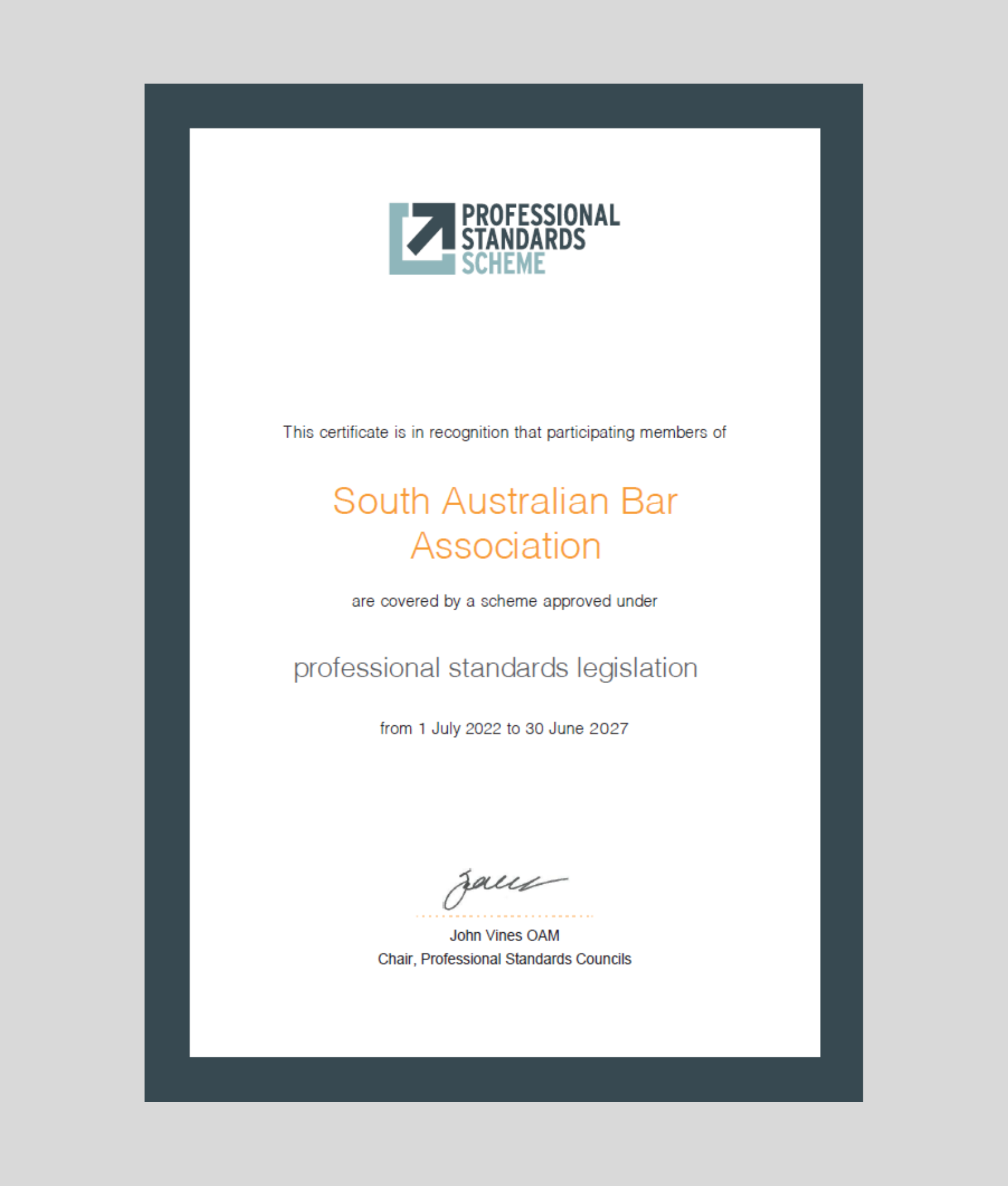 South Australian Bar Association certificate